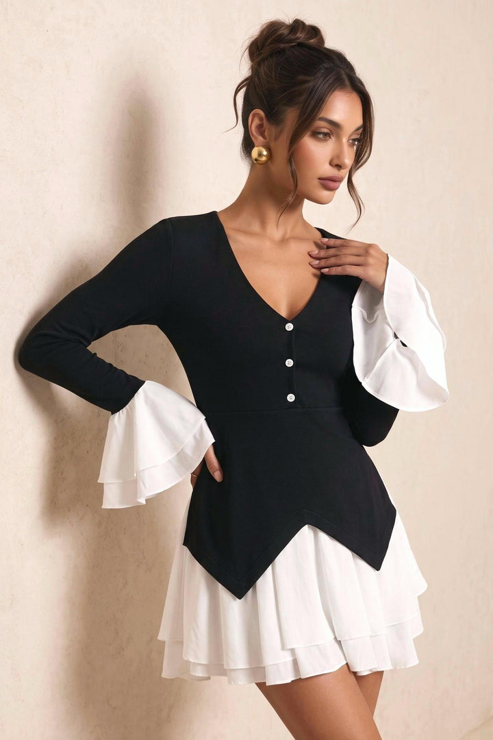 SOLACE CHICColor Block V-Neck Tiered Flare Sleeve Ruffled Mini Dress