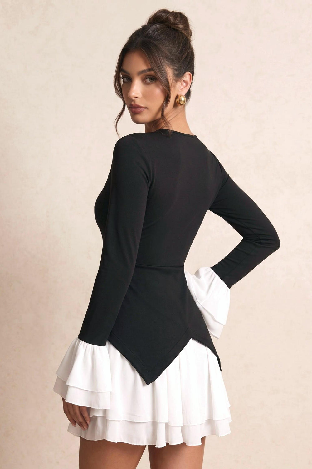 SOLACE CHICColor Block V-Neck Tiered Flare Sleeve Ruffled Mini Dress