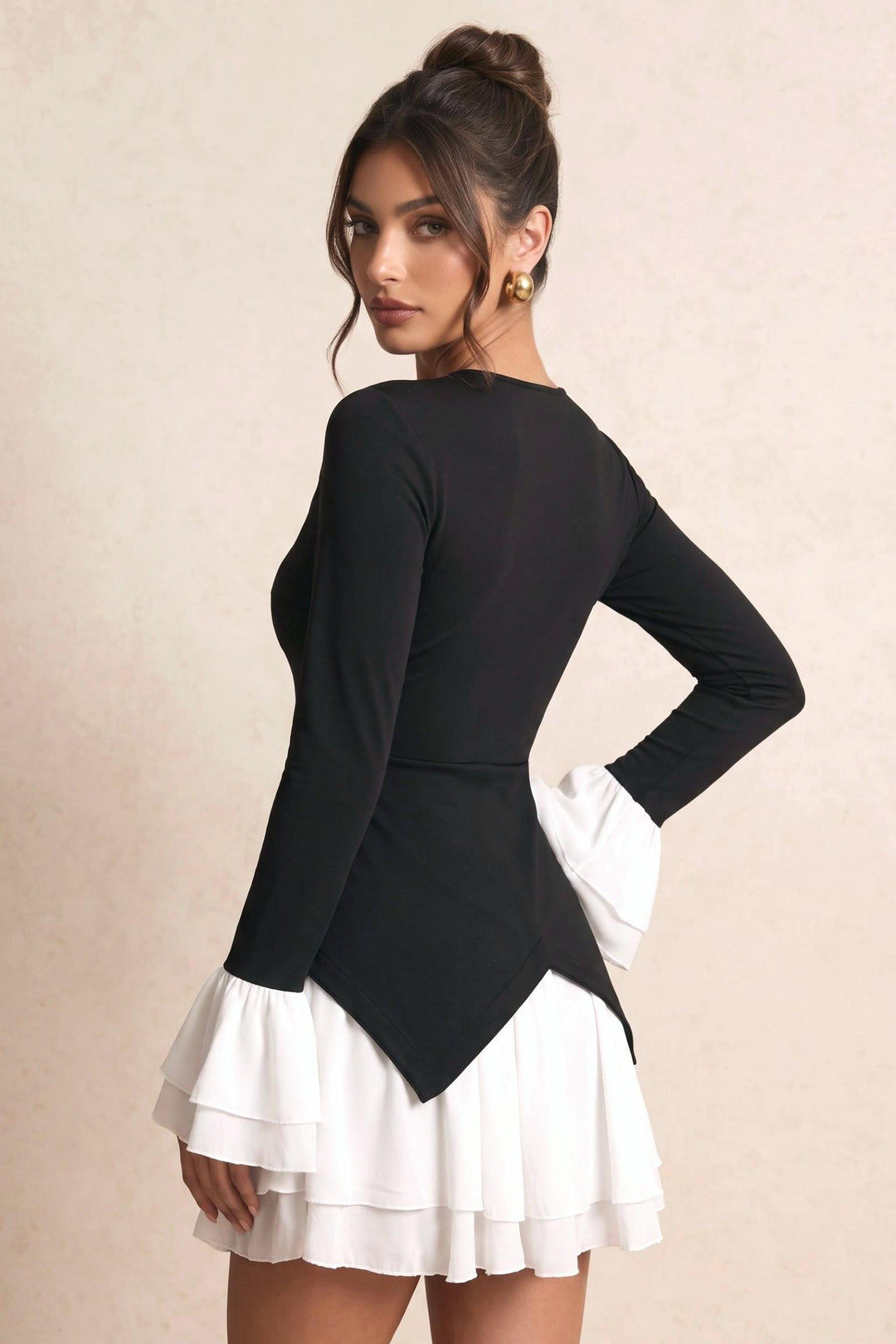 SOLACE CHICColor Block V-Neck Tiered Flare Sleeve Ruffled Mini Dress