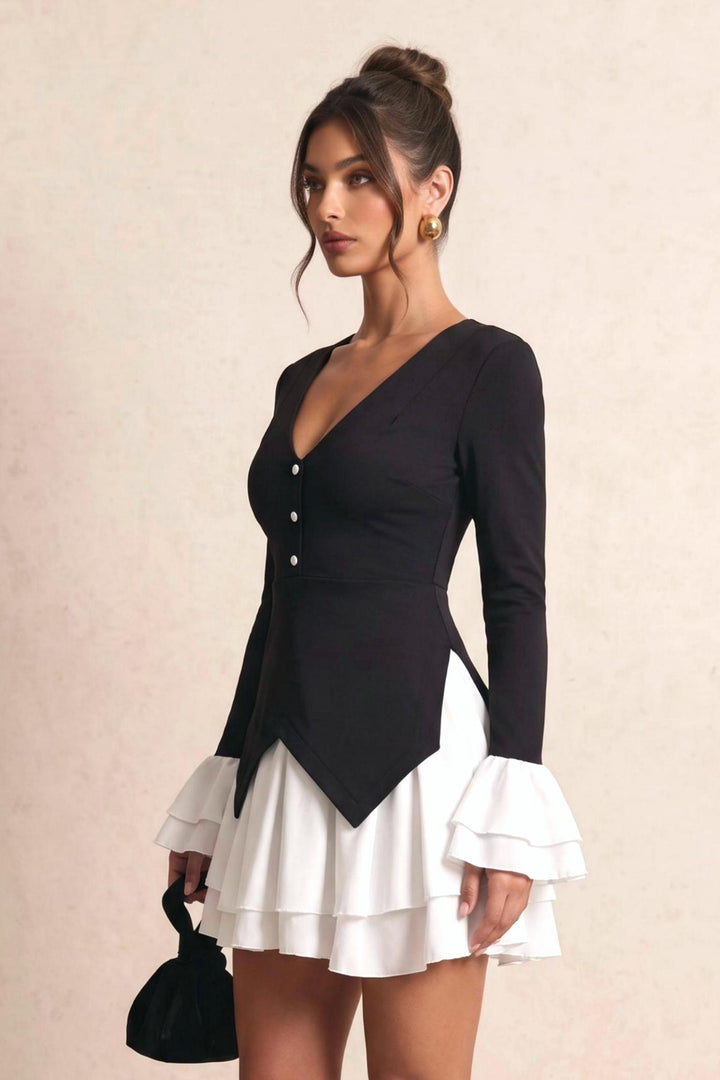 SOLACE CHICColor Block V-Neck Tiered Flare Sleeve Ruffled Mini Dress
