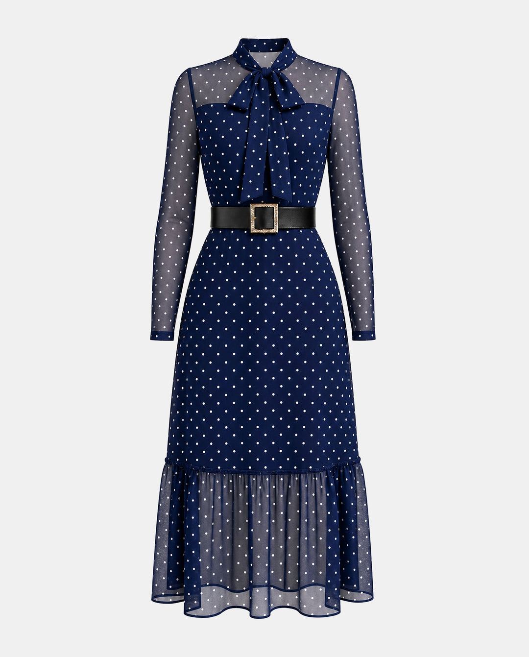 Elegant Bow Collar Polka‑Dot Long Sleeve Mesh Ruffle Hem Midi Dress