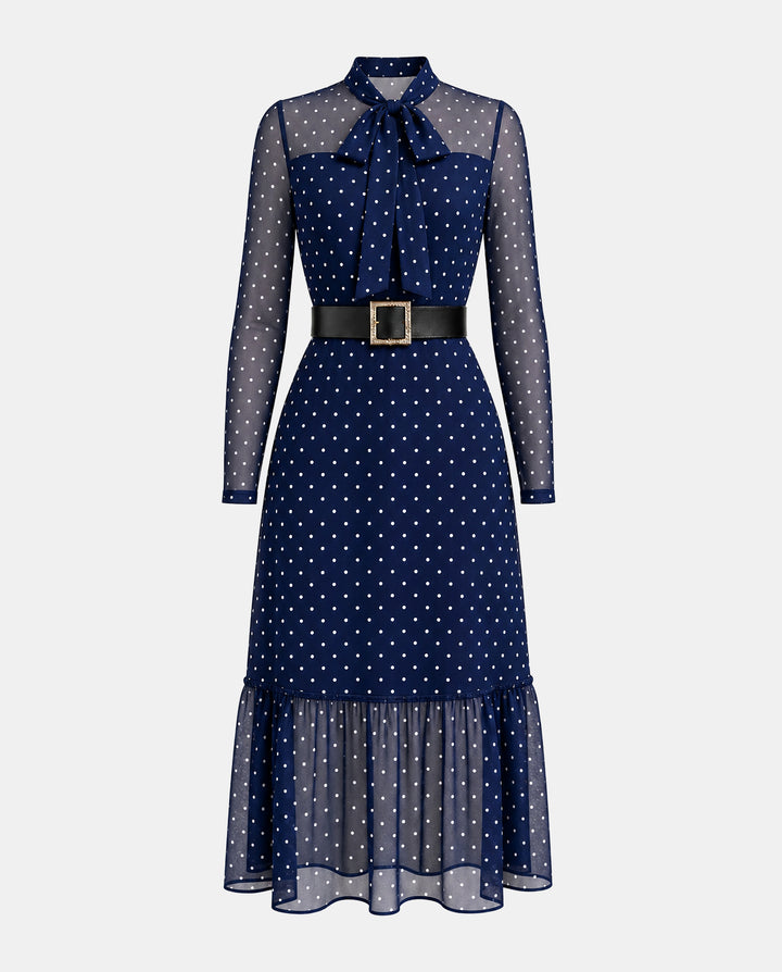 Elegant Bow Collar Polka‑Dot Long Sleeve Mesh Ruffle Hem Midi Dress