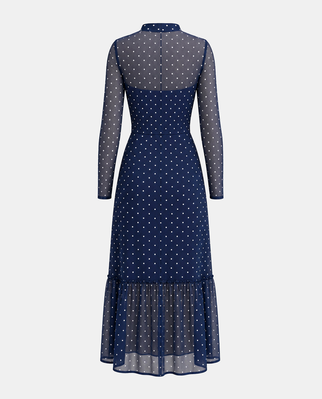 Elegant Bow Collar Polka‑Dot Long Sleeve Mesh Ruffle Hem Midi Dress