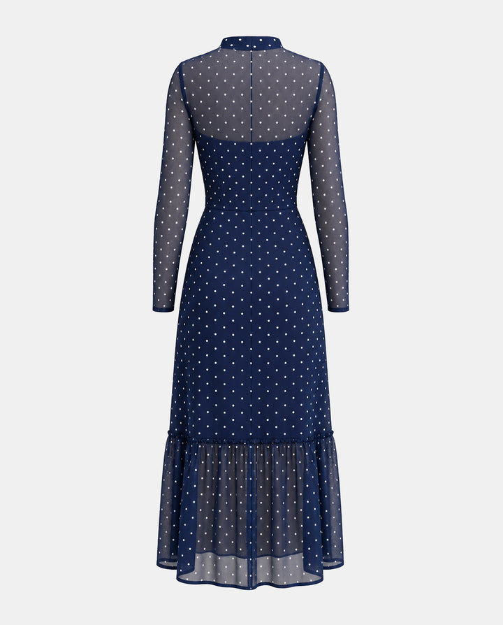 Elegant Bow Collar Polka‑Dot Long Sleeve Mesh Ruffle Hem Midi Dress