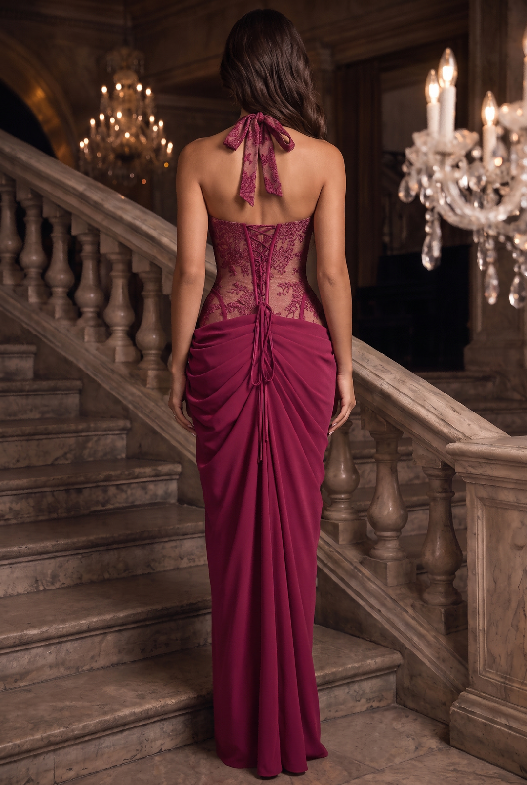 SOLACEHalter Lace Corset High Slit Maxi Party Dress