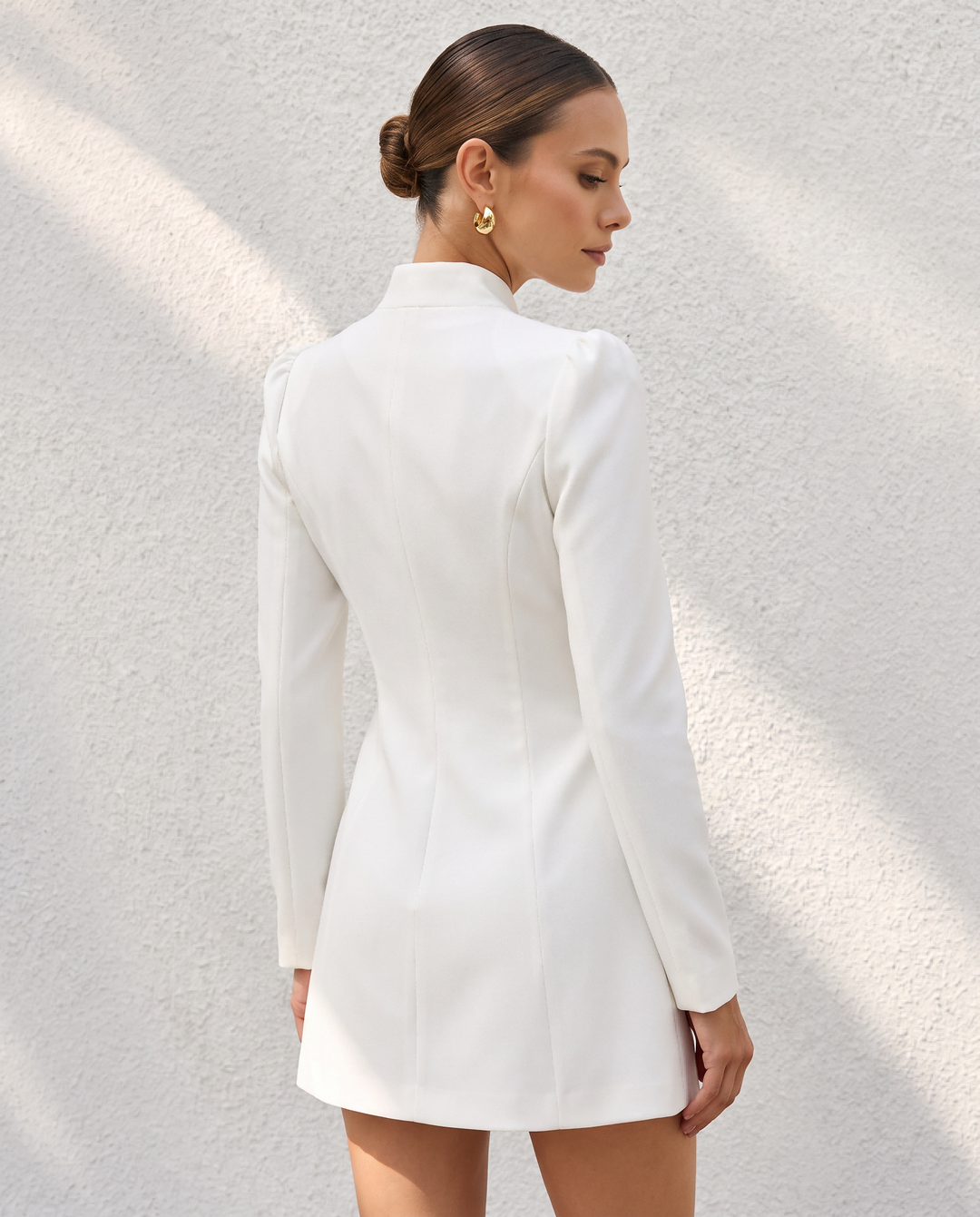 Stand Collar Gold Button Long Sleeve Blazer Mini Dress