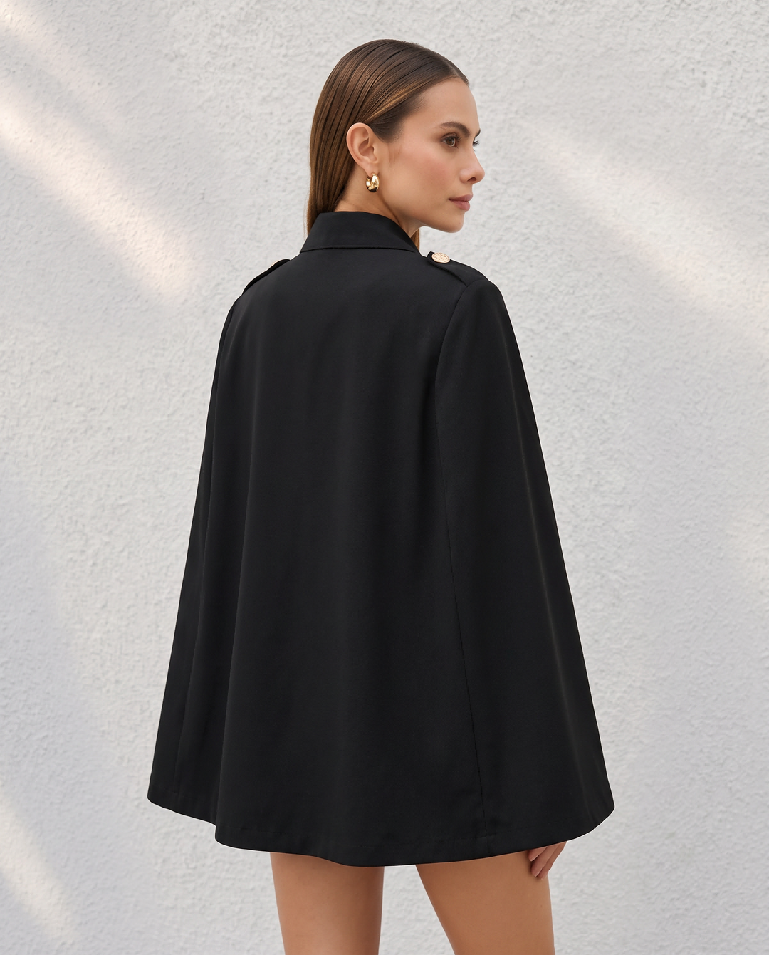 Double Breasted Gold Button Wool‑Look Cape Coat