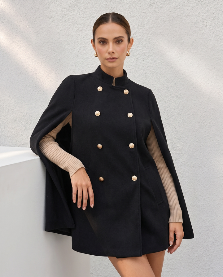Double Breasted Gold Button Wool‑Look Cape Coat