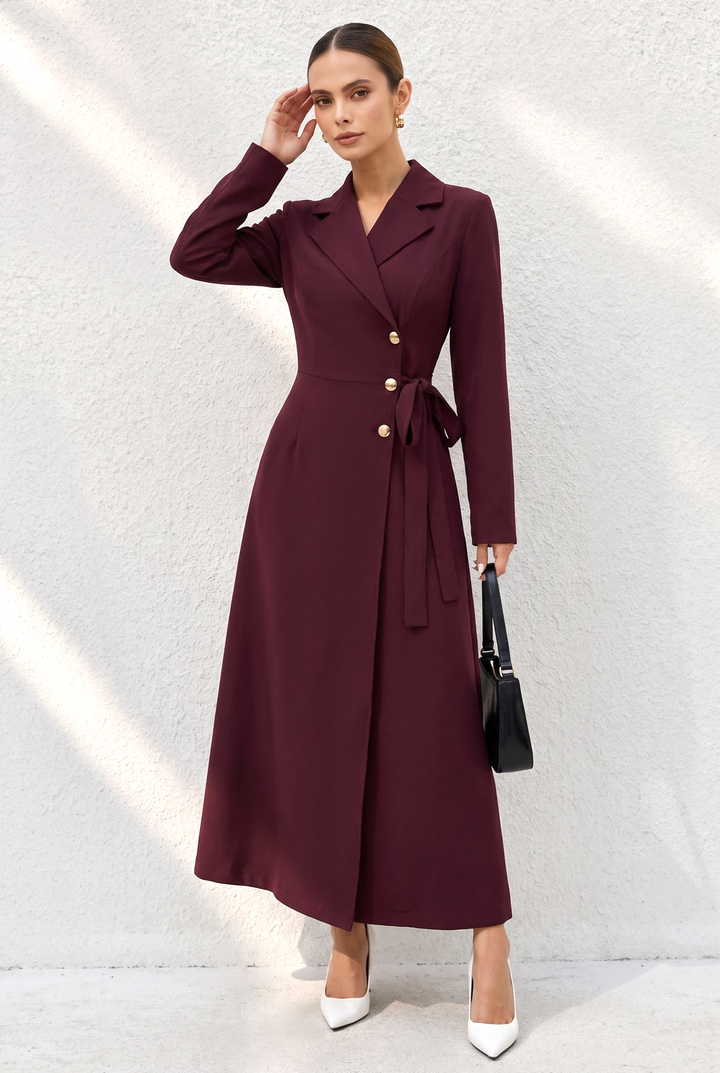 Lapel Long Sleeve Belted Midi Blazer Dress