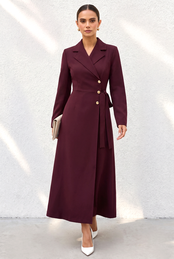 Lapel Long Sleeve Belted Midi Blazer Dress