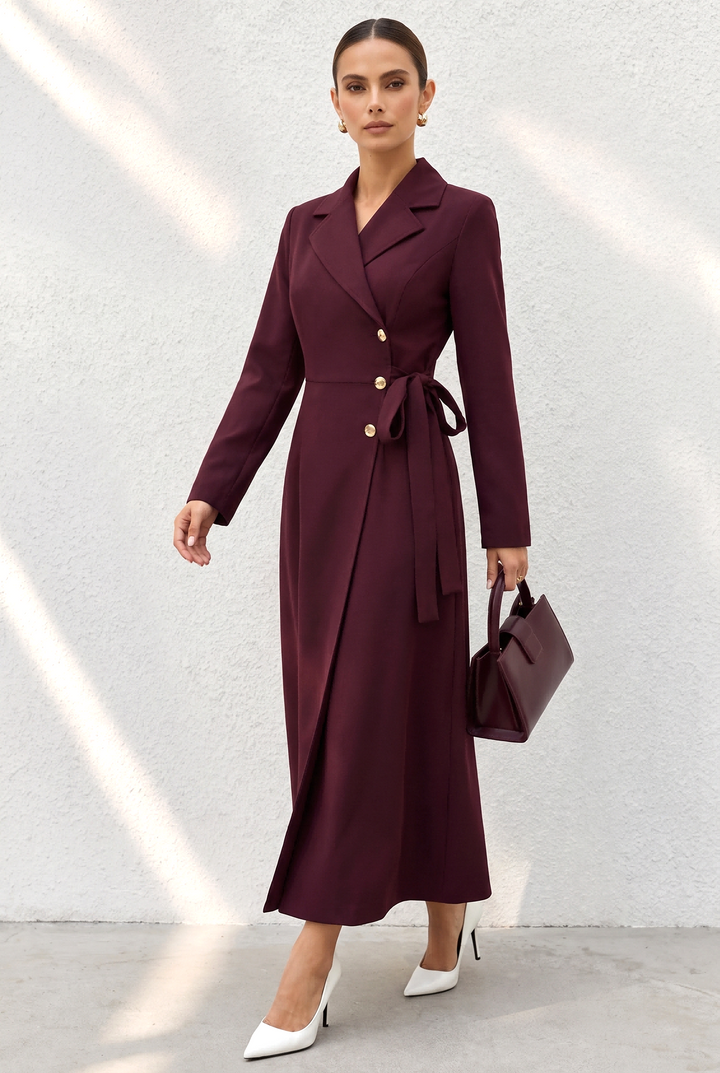 Lapel Long Sleeve Belted Midi Blazer Dress