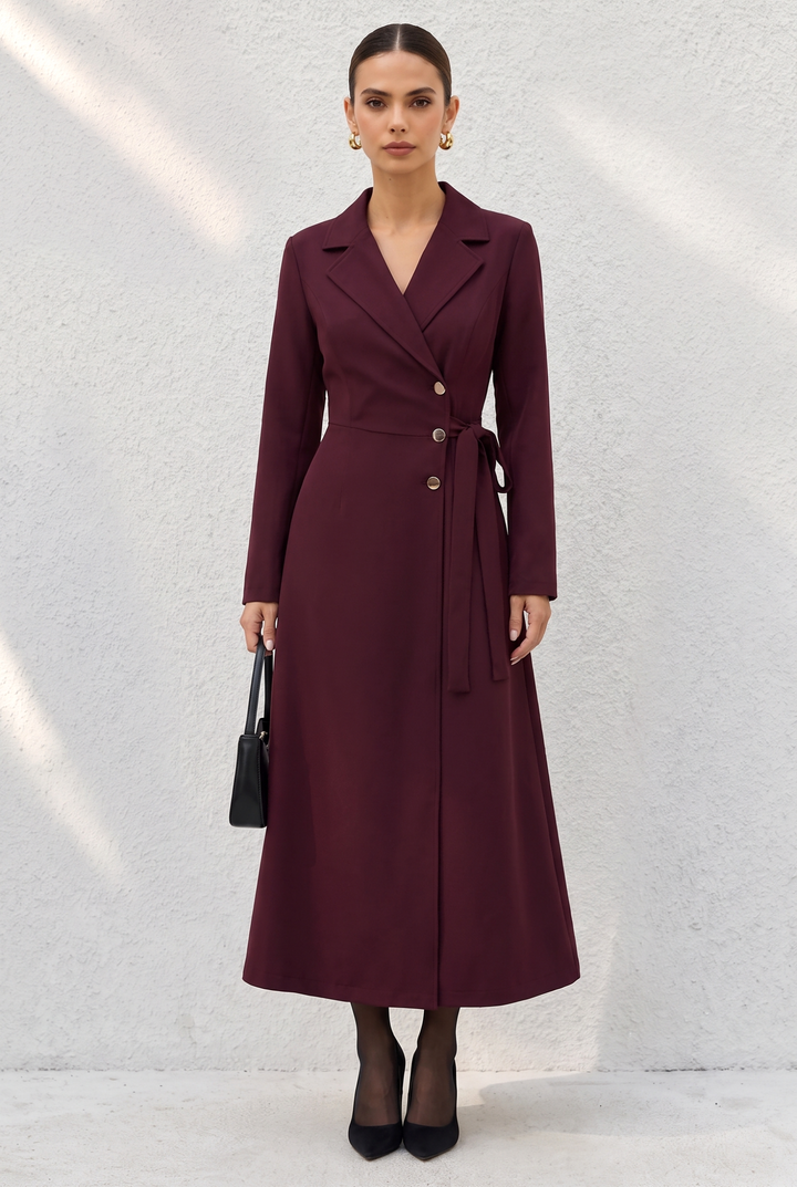 Lapel Long Sleeve Belted Midi Blazer Dress