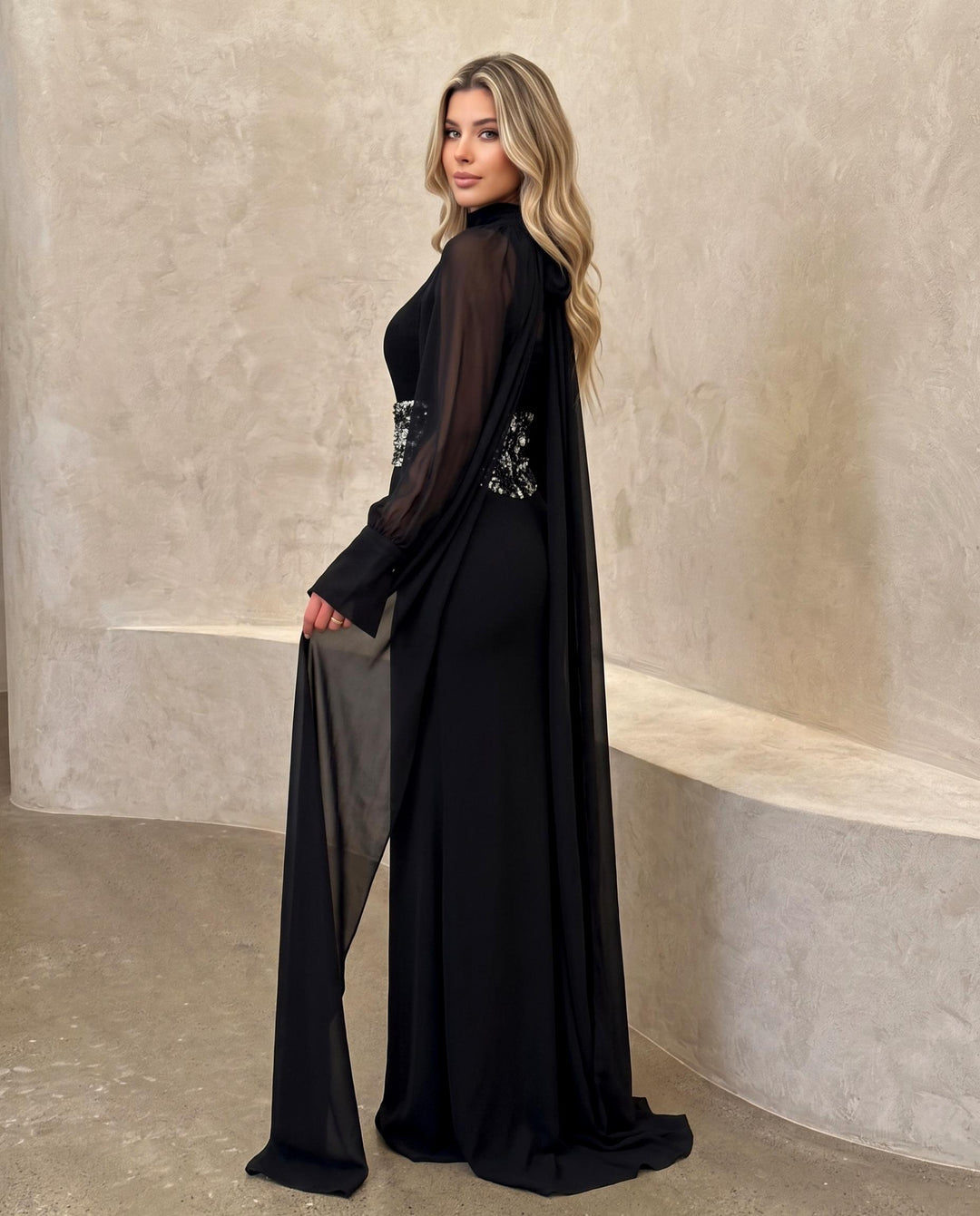Long Sleeve Chiffon Sequined Waist-Cinching Dress