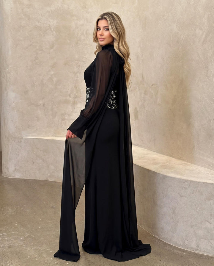 Long Sleeve Chiffon Sequined Waist-Cinching Dress