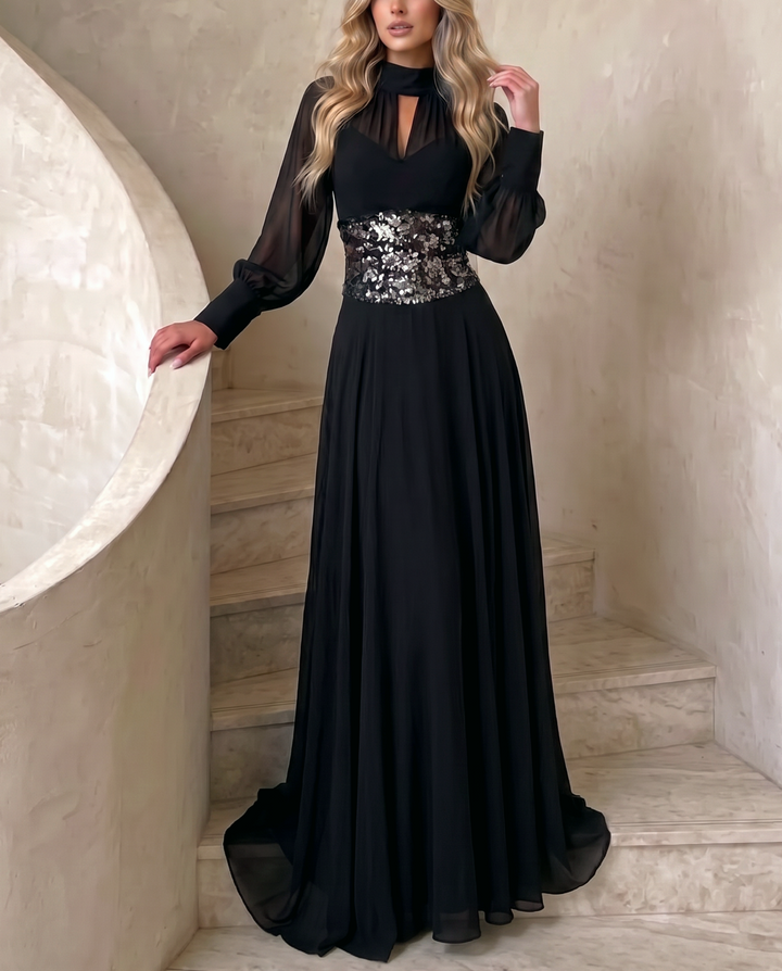 Long Sleeve Chiffon Sequined Waist-Cinching Dress