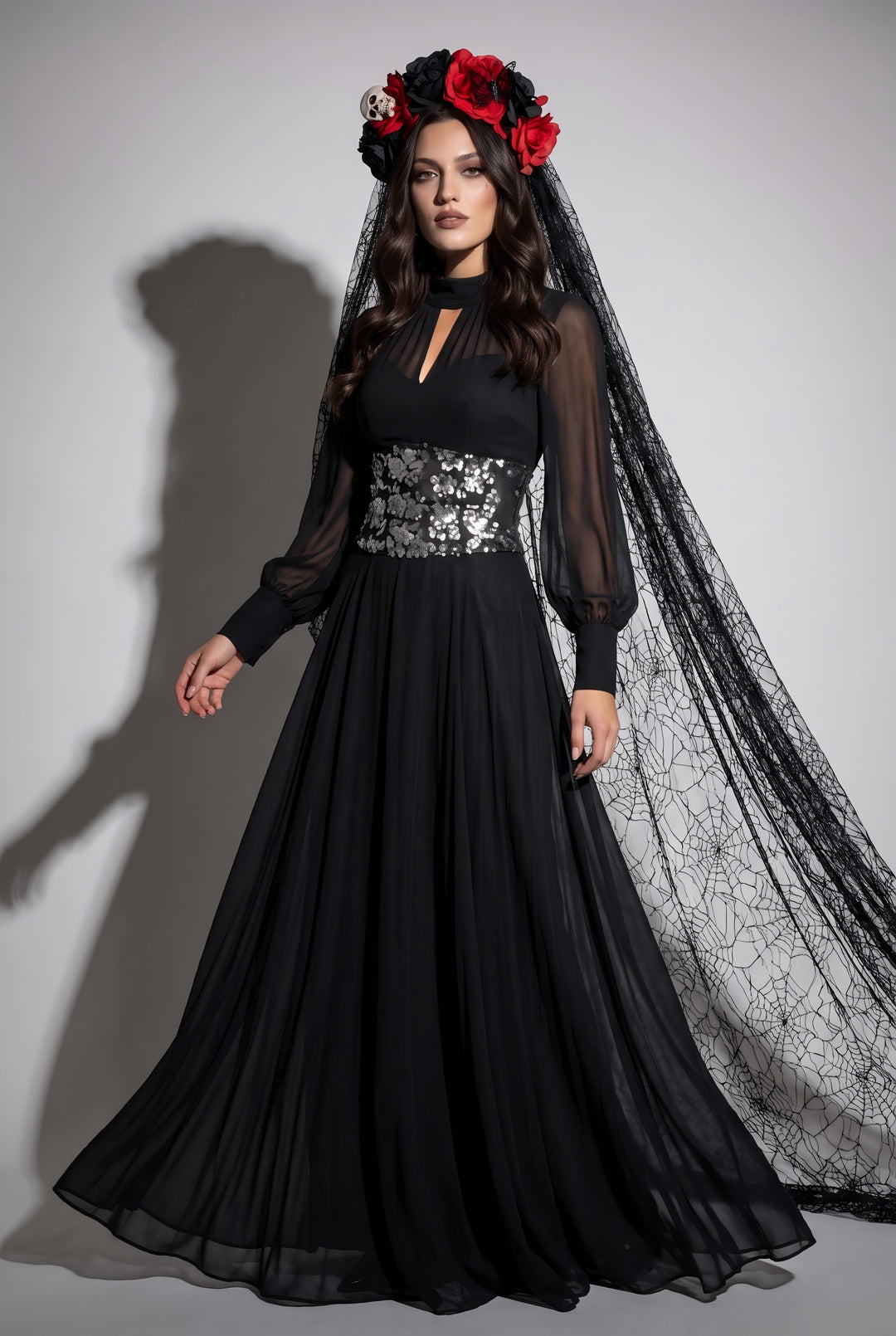 SOLACELong Sleeve Chiffon Sequined Waist-Cinching Dress