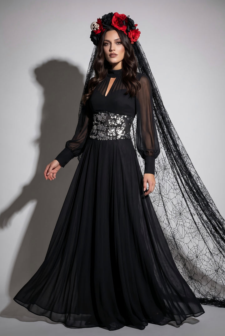 SOLACELong Sleeve Chiffon Sequined Waist-Cinching Dress