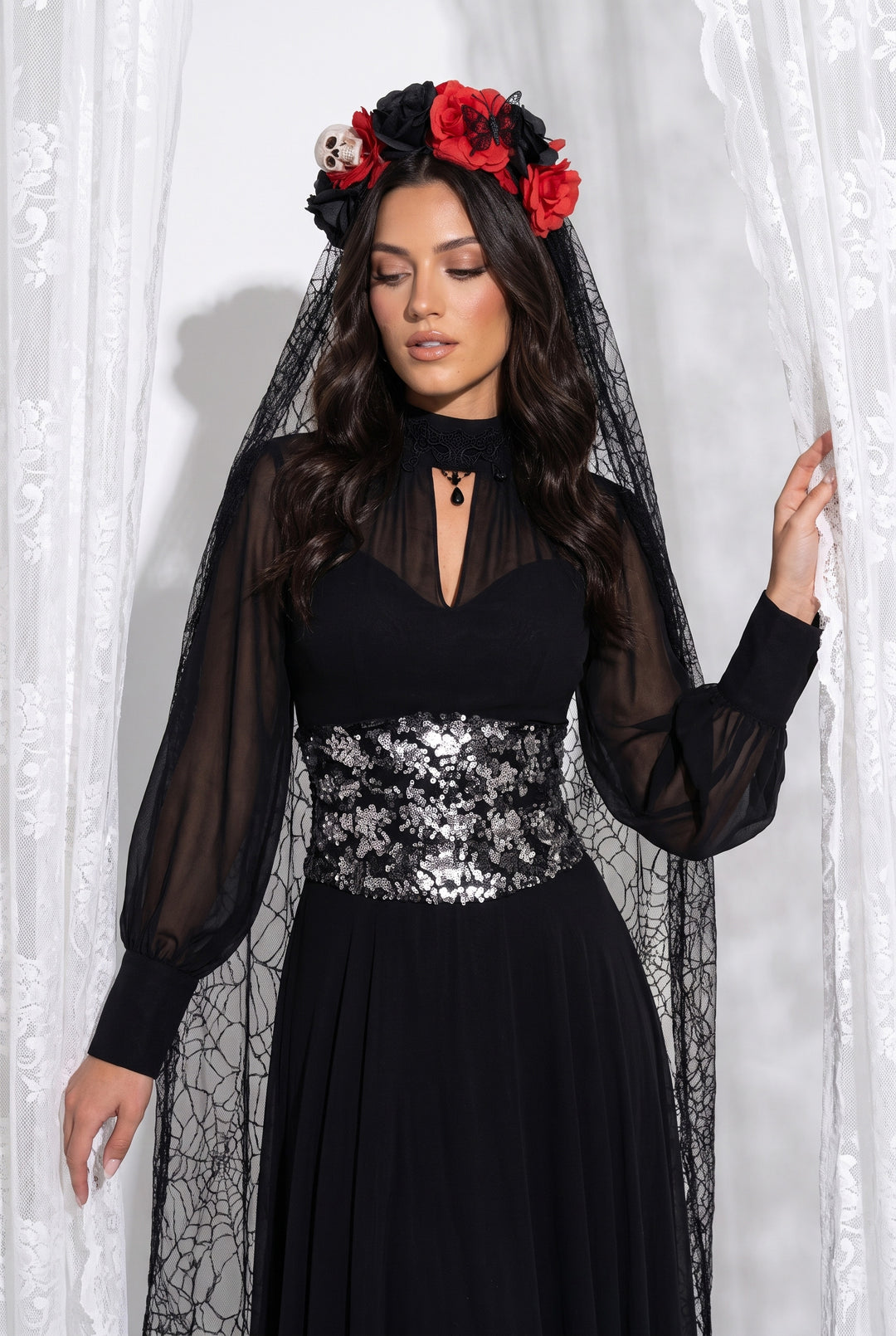 SOLACELong Sleeve Chiffon Sequined Waist-Cinching Dress