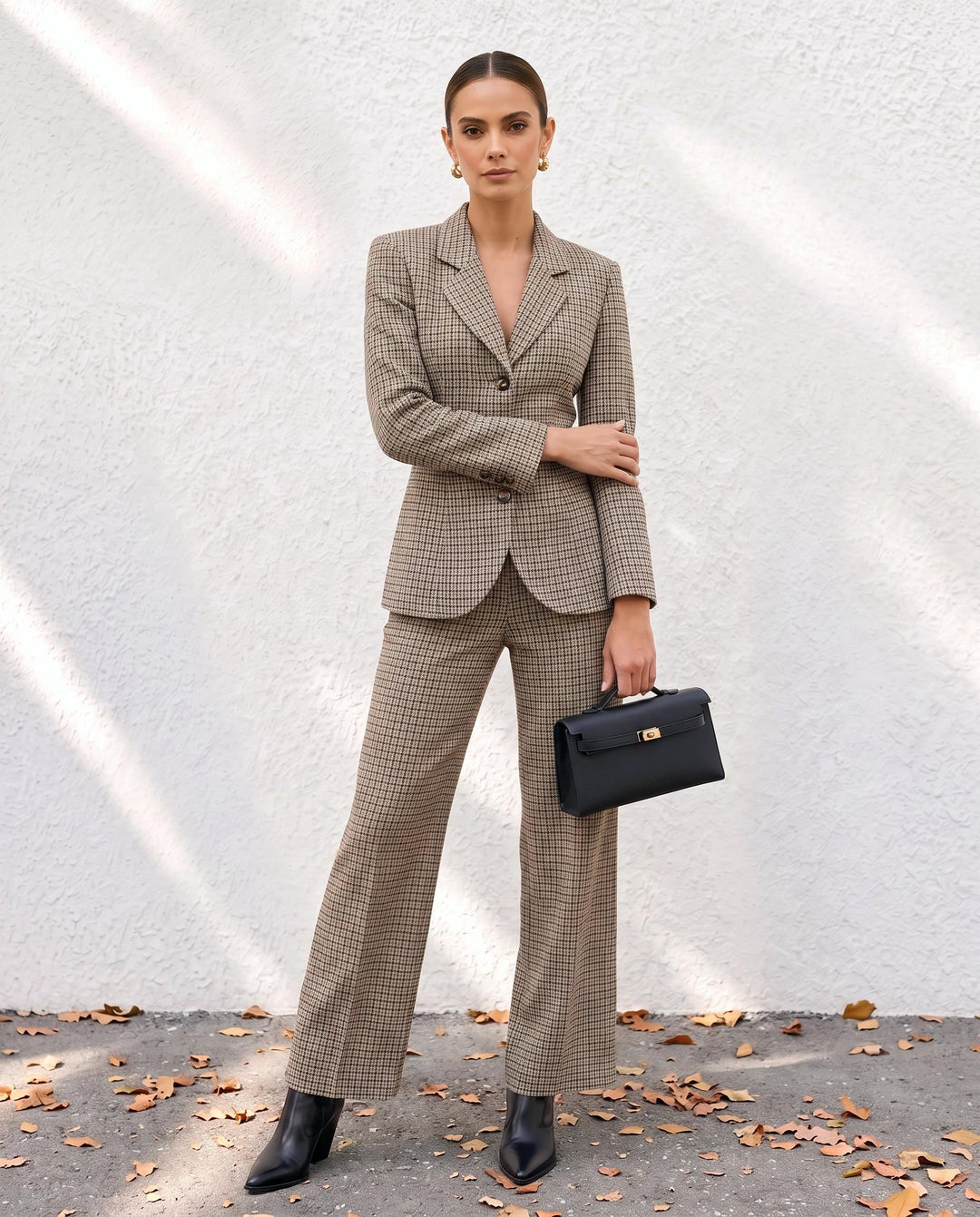 Plaid Waist Cinched Blazer And Pants Suit Set