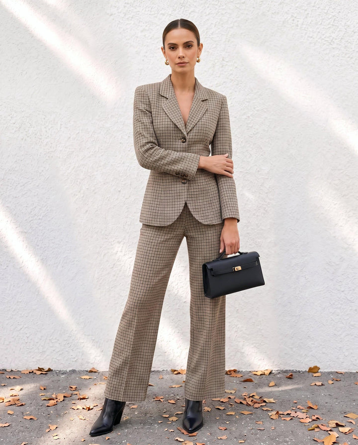 Plaid Waist Cinched Blazer And Pants Suit Set