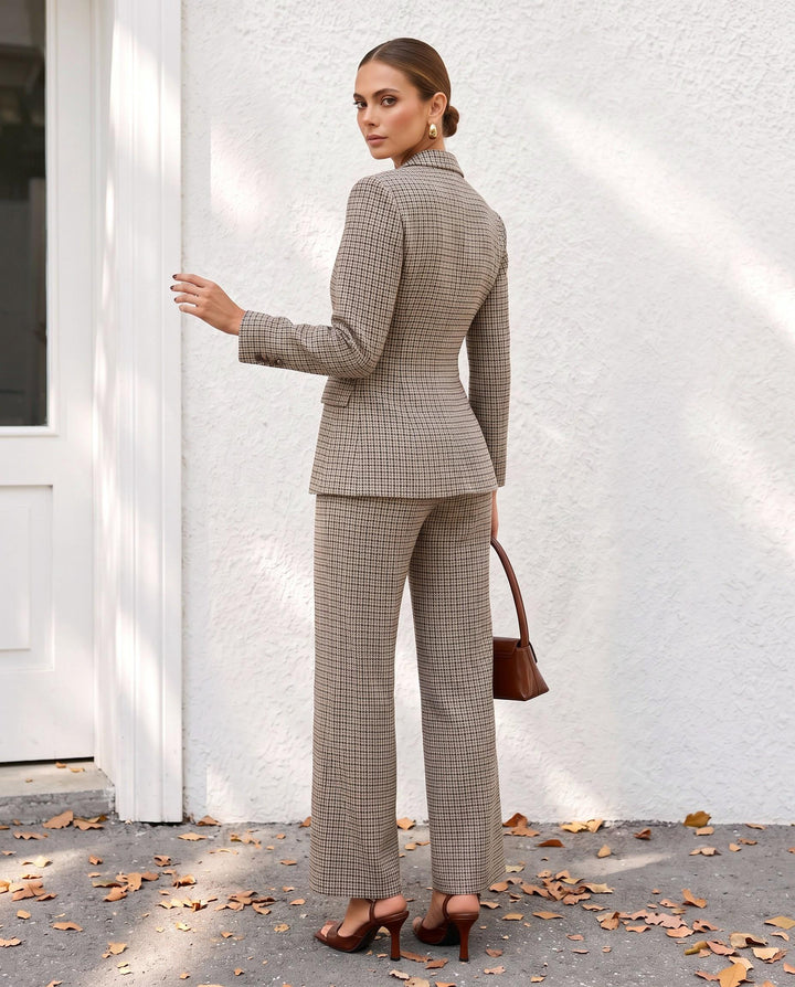 Plaid Waist Cinched Blazer And Pants Suit Set