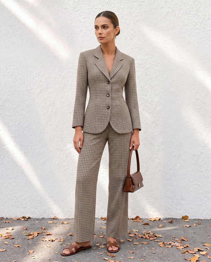 Plaid Waist Cinched Blazer And Pants Suit Set