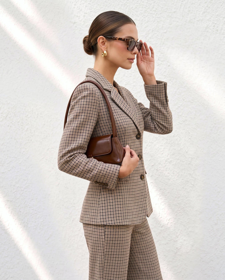Plaid Waist Cinched Blazer And Pants Suit Set