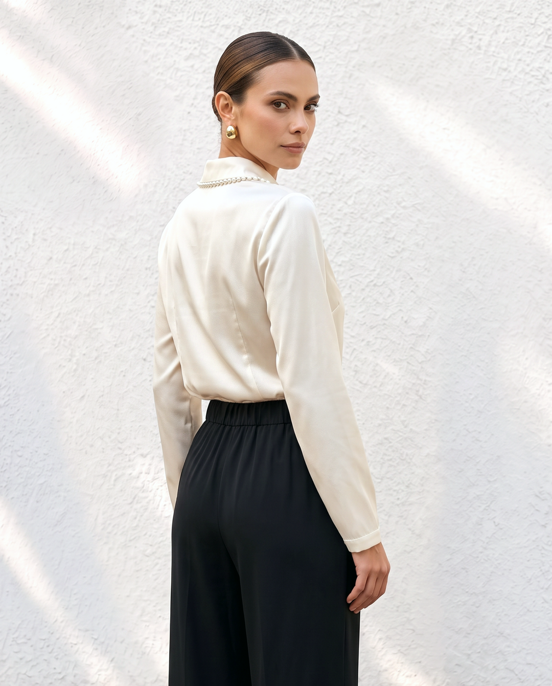 Woven Lapel Collar With Faux Pearl Trim Blouses