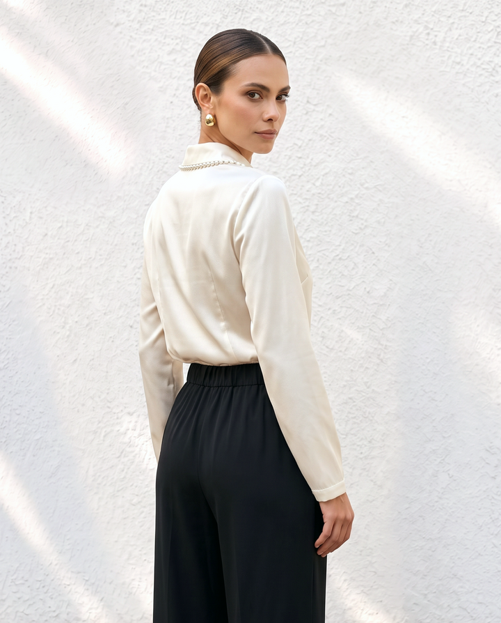 Woven Lapel Collar With Faux Pearl Trim Blouses