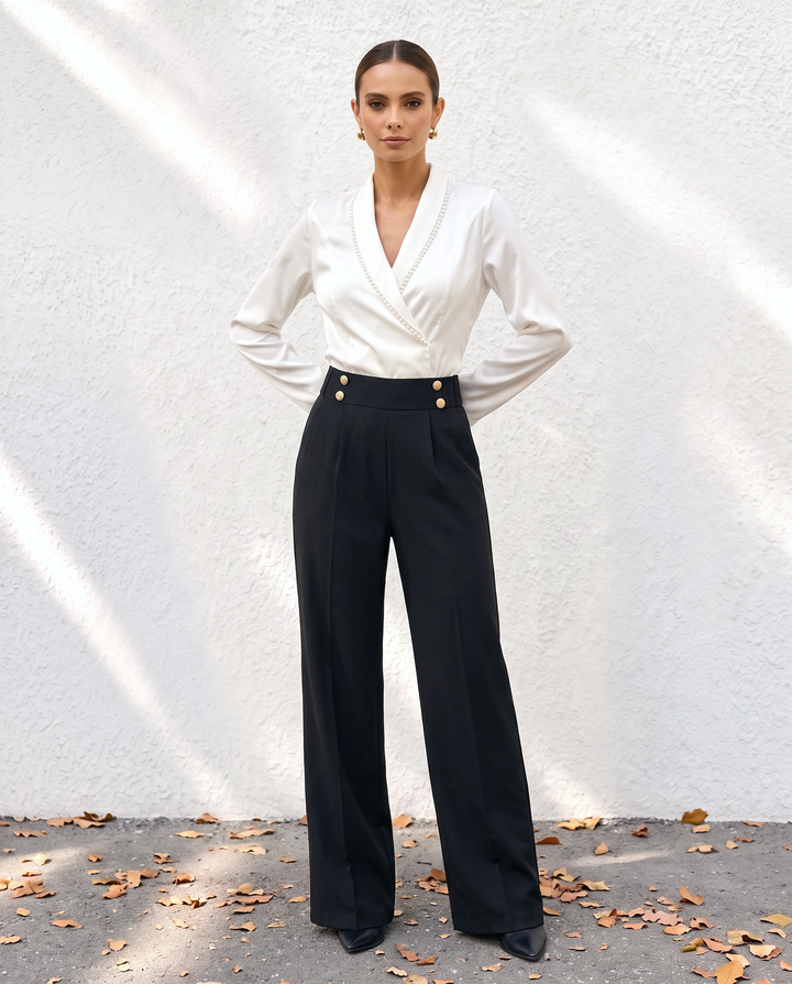 Woven Lapel Collar With Faux Pearl Trim Blouses