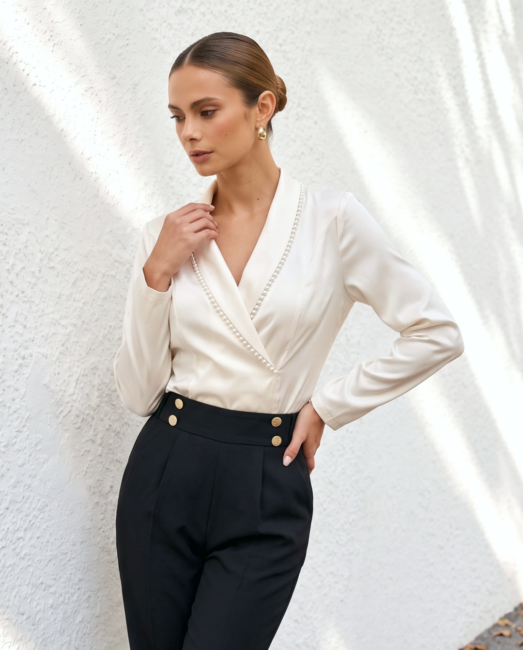 Woven Lapel Collar With Faux Pearl Trim Blouses