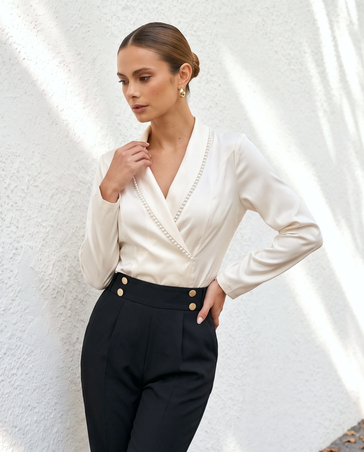 Woven Lapel Collar With Faux Pearl Trim Blouses