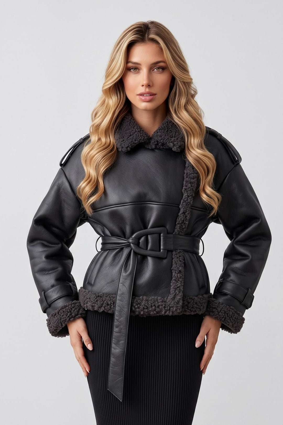 Sherpa Lapel Faux Leather Belted Jacket