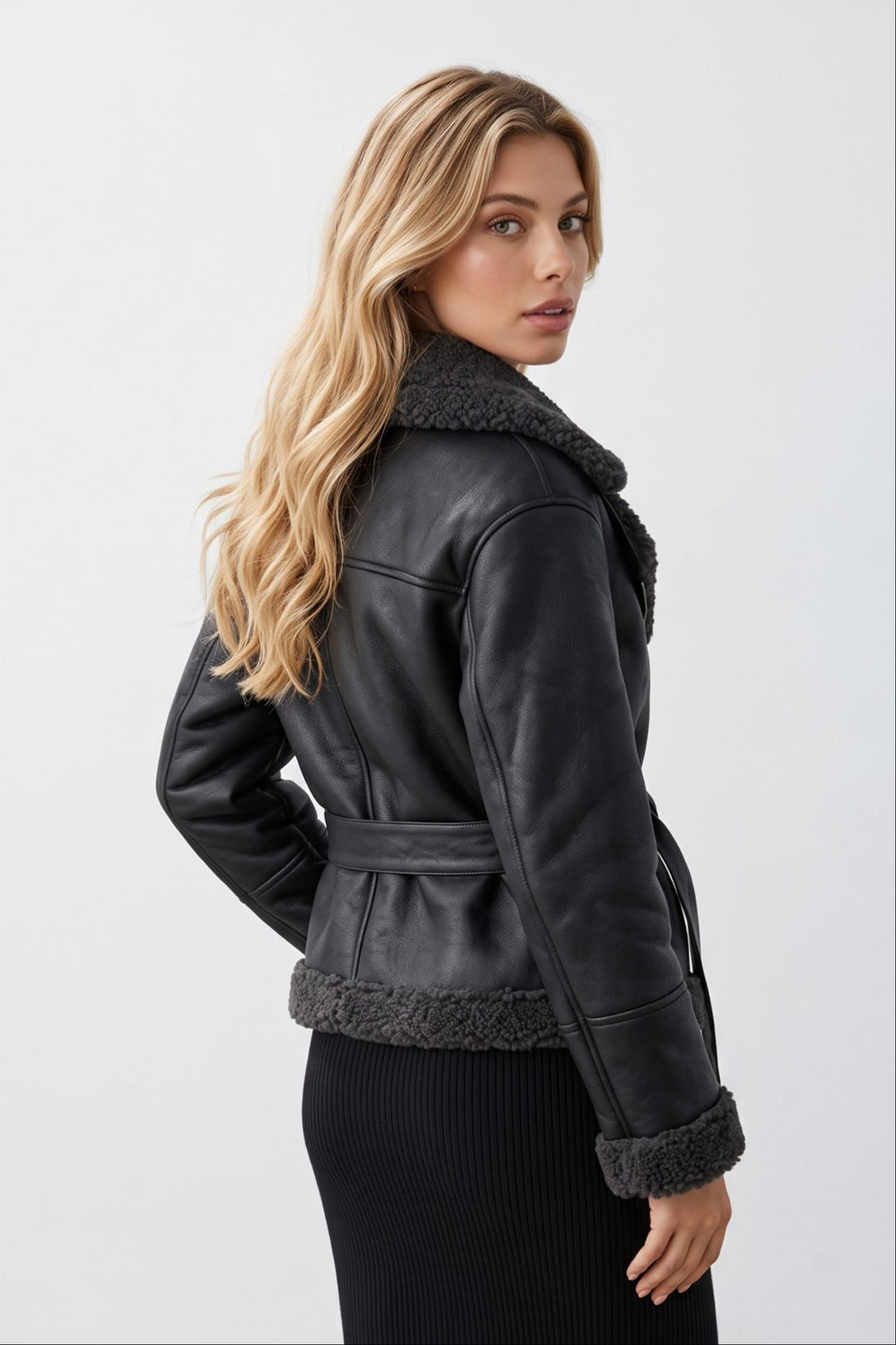Sherpa Lapel Faux Leather Belted Jacket