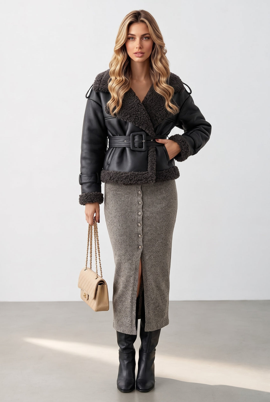 Sherpa Lapel Faux Leather Belted Jacket