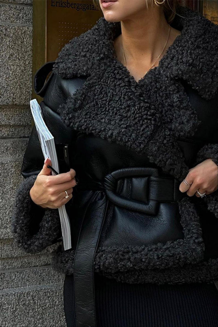 Sherpa Lapel Faux Leather Belted Jacket