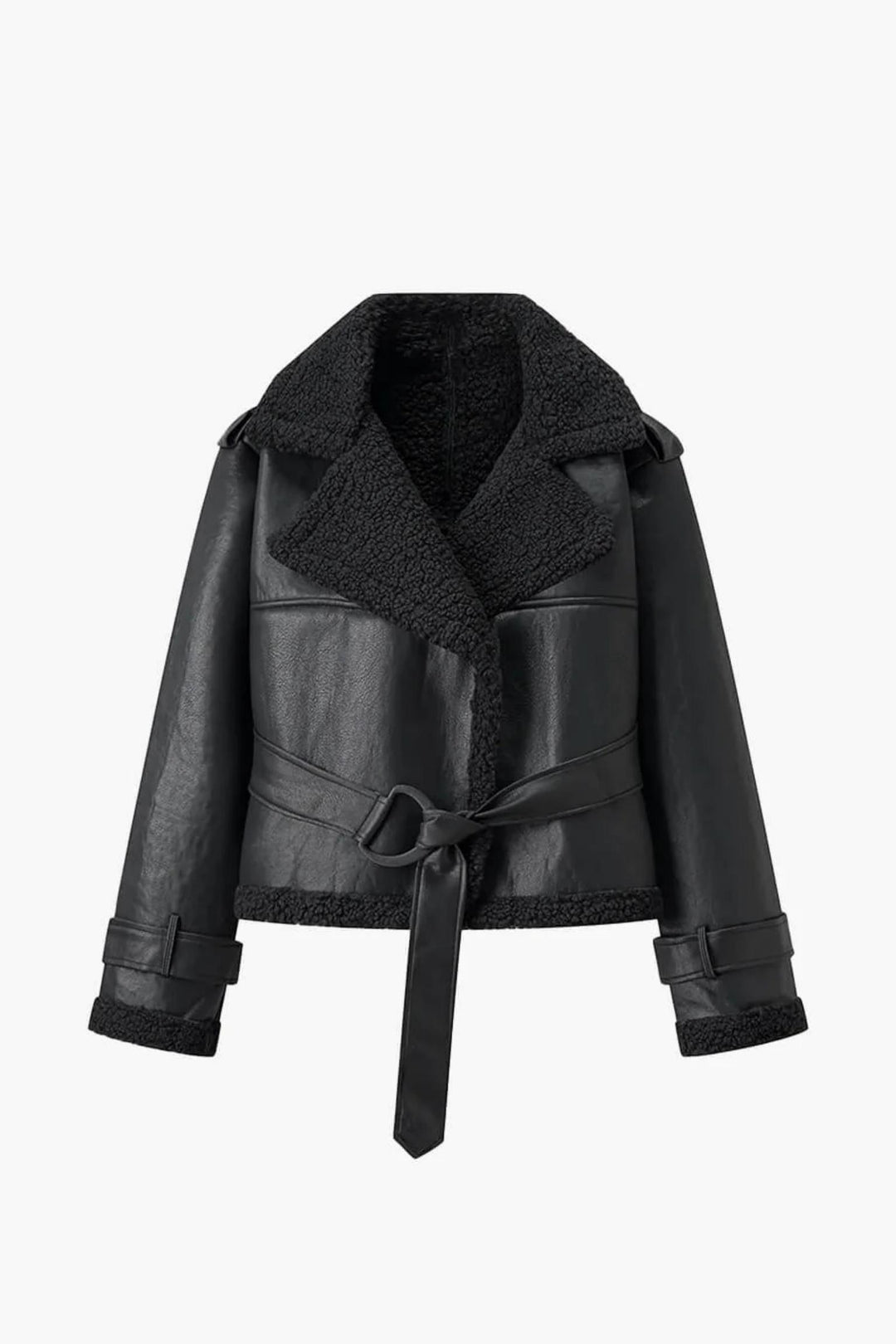Sherpa Lapel Faux Leather Belted Jacket