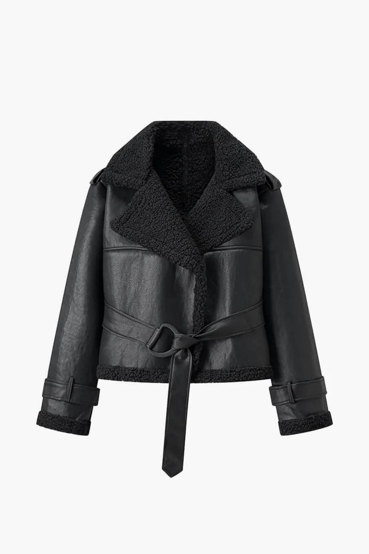 Sherpa Lapel Faux Leather Belted Jacket