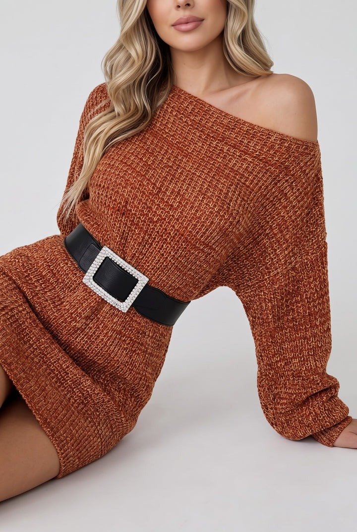 One-Shoulder Sweater Dress(Belt Not Included)