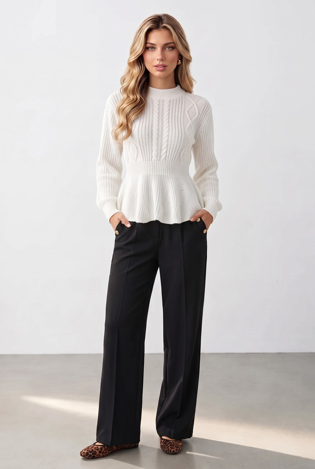 Cable Knit Puff Sleeve Peplum Hem Sweater