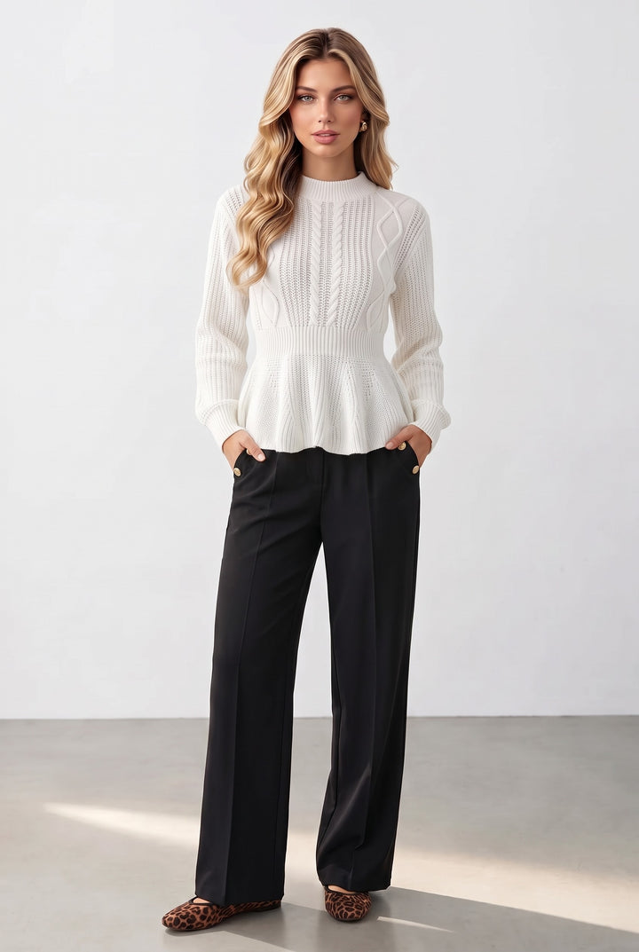 Cable Knit Puff Sleeve Peplum Hem Sweater