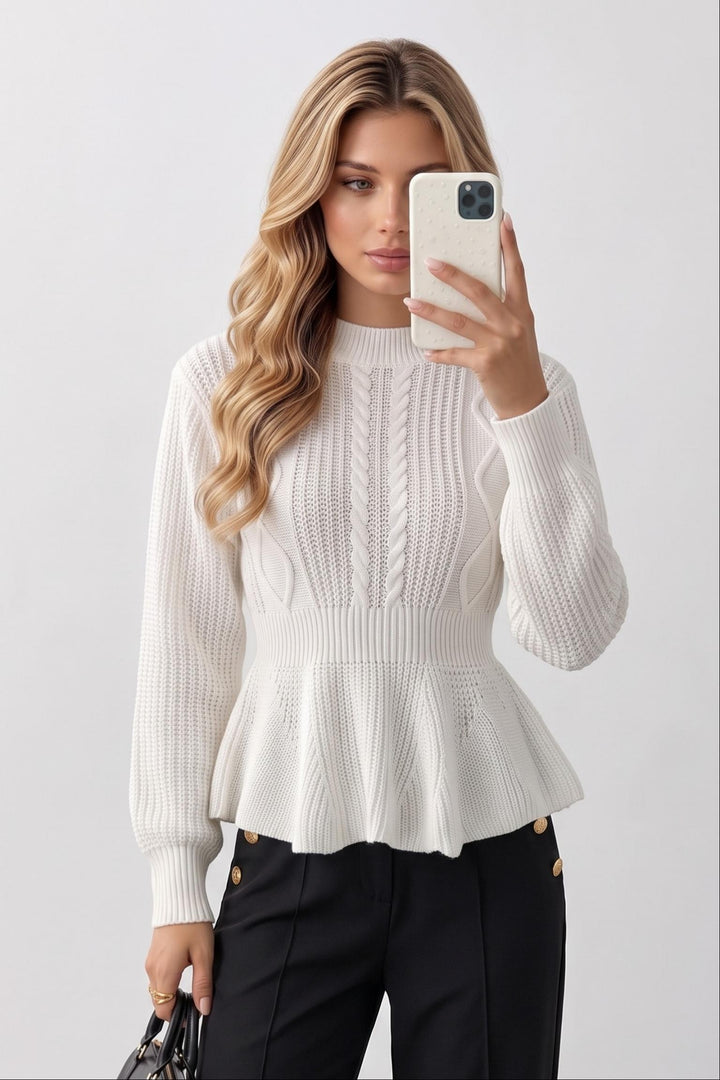 Cable Knit Puff Sleeve Peplum Hem Sweater