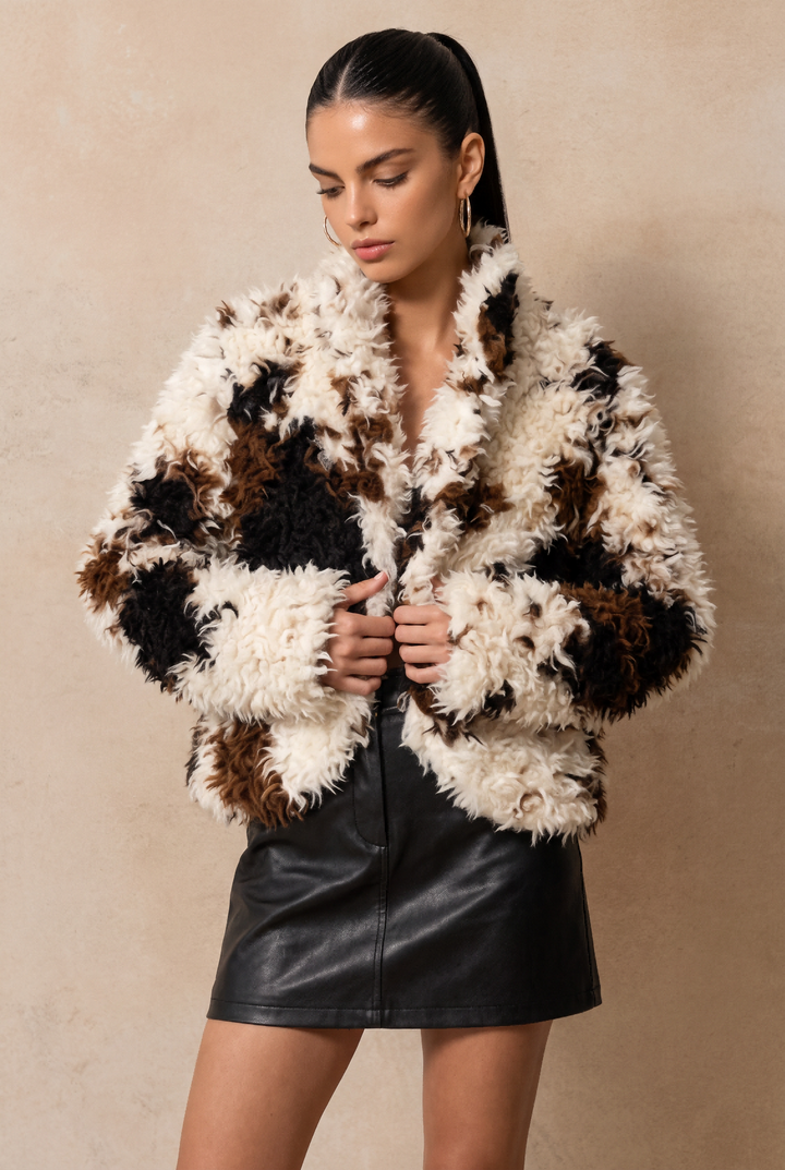 SOLACE CHICPatchwork Curly Faux Fur Cropped Short Coat