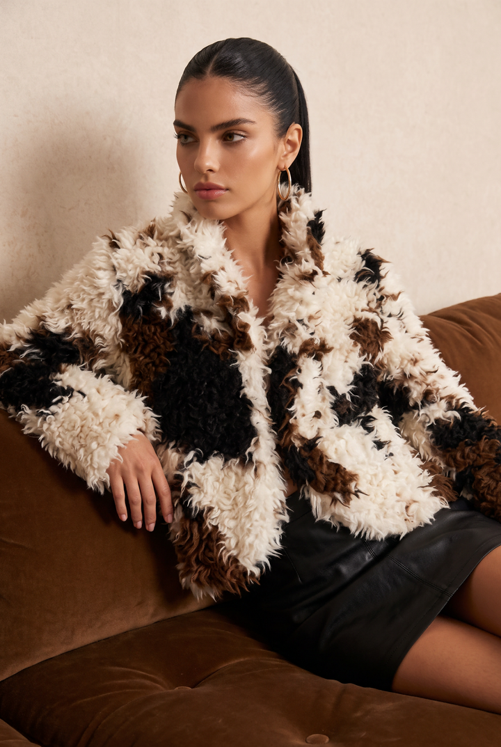 SOLACE CHICPatchwork Curly Faux Fur Cropped Short Coat