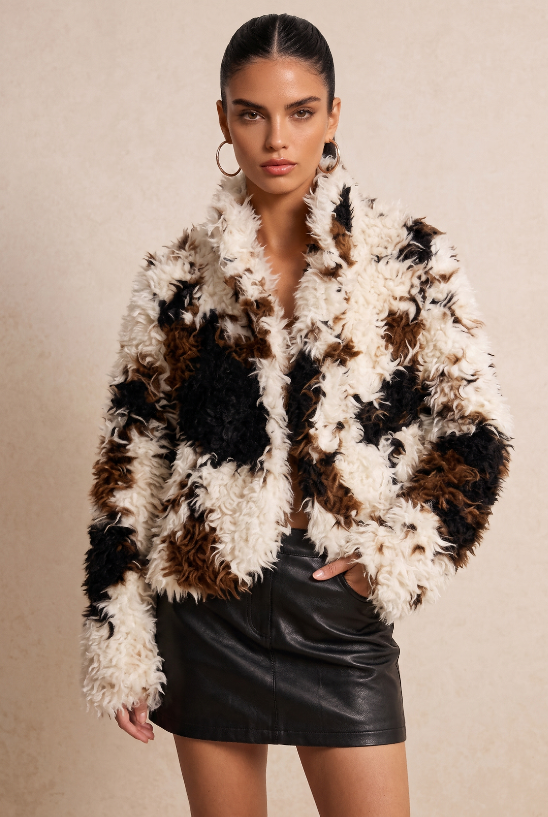 SOLACE CHICPatchwork Curly Faux Fur Cropped Short Coat