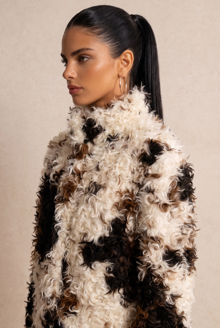 SOLACE CHICPatchwork Curly Faux Fur Cropped Short Coat