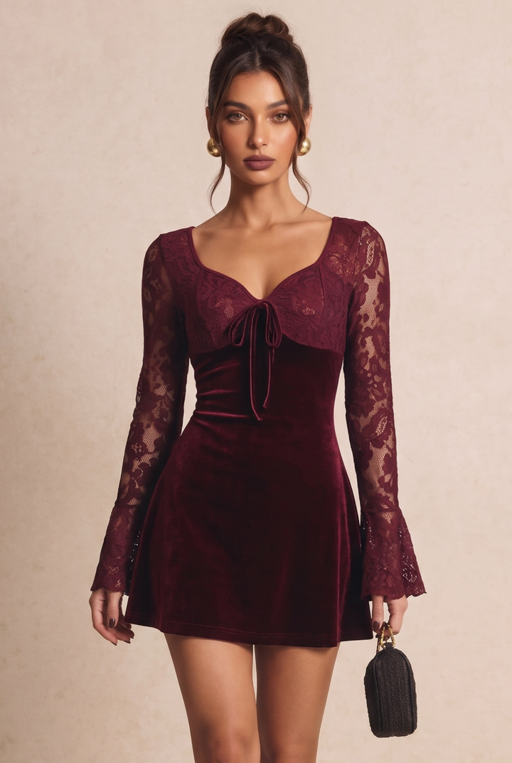 Sweetheart Tie Front Lace Sleeve A-Line Velvet Dress