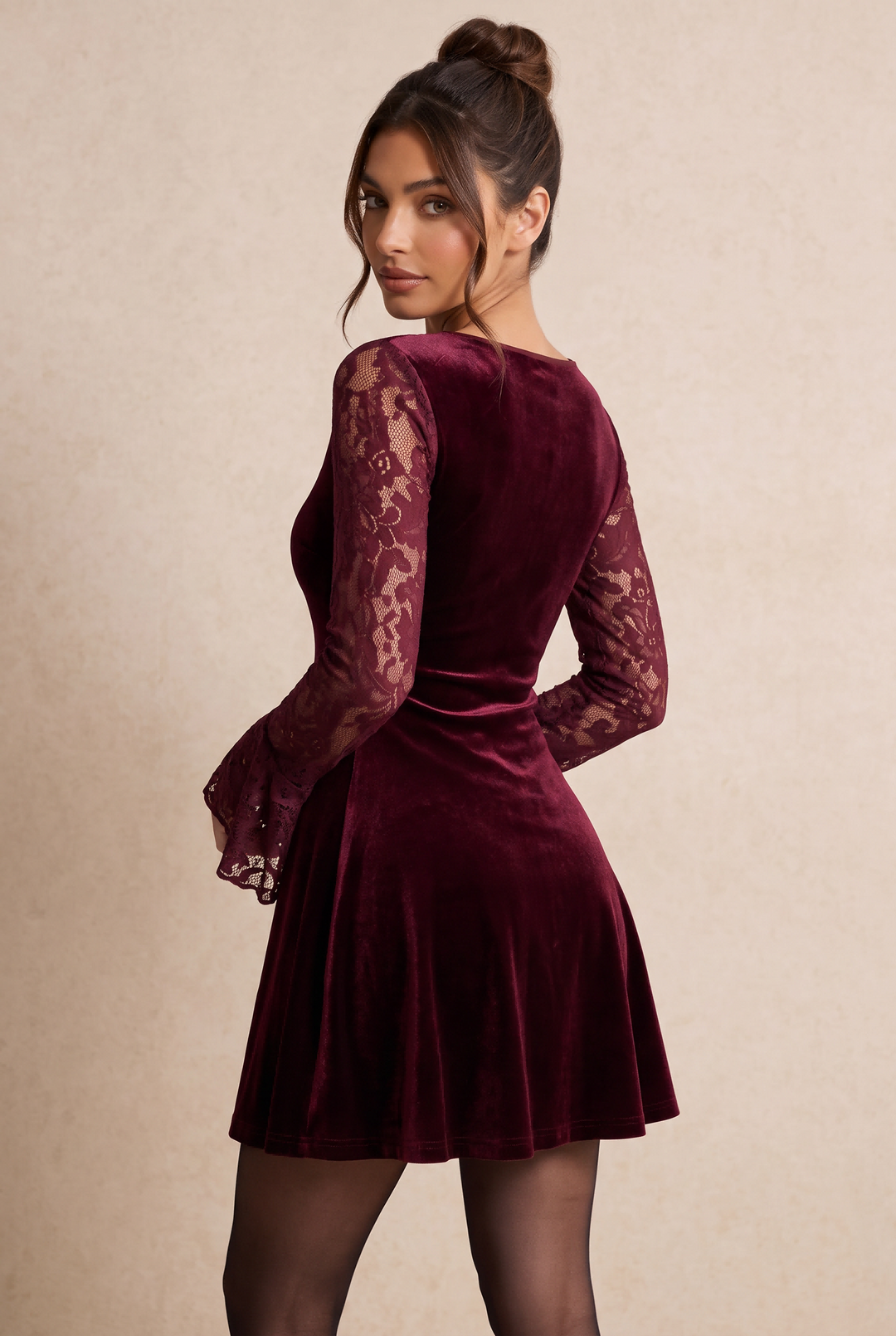 Sweetheart Tie Front Lace Sleeve A-Line Velvet Dress