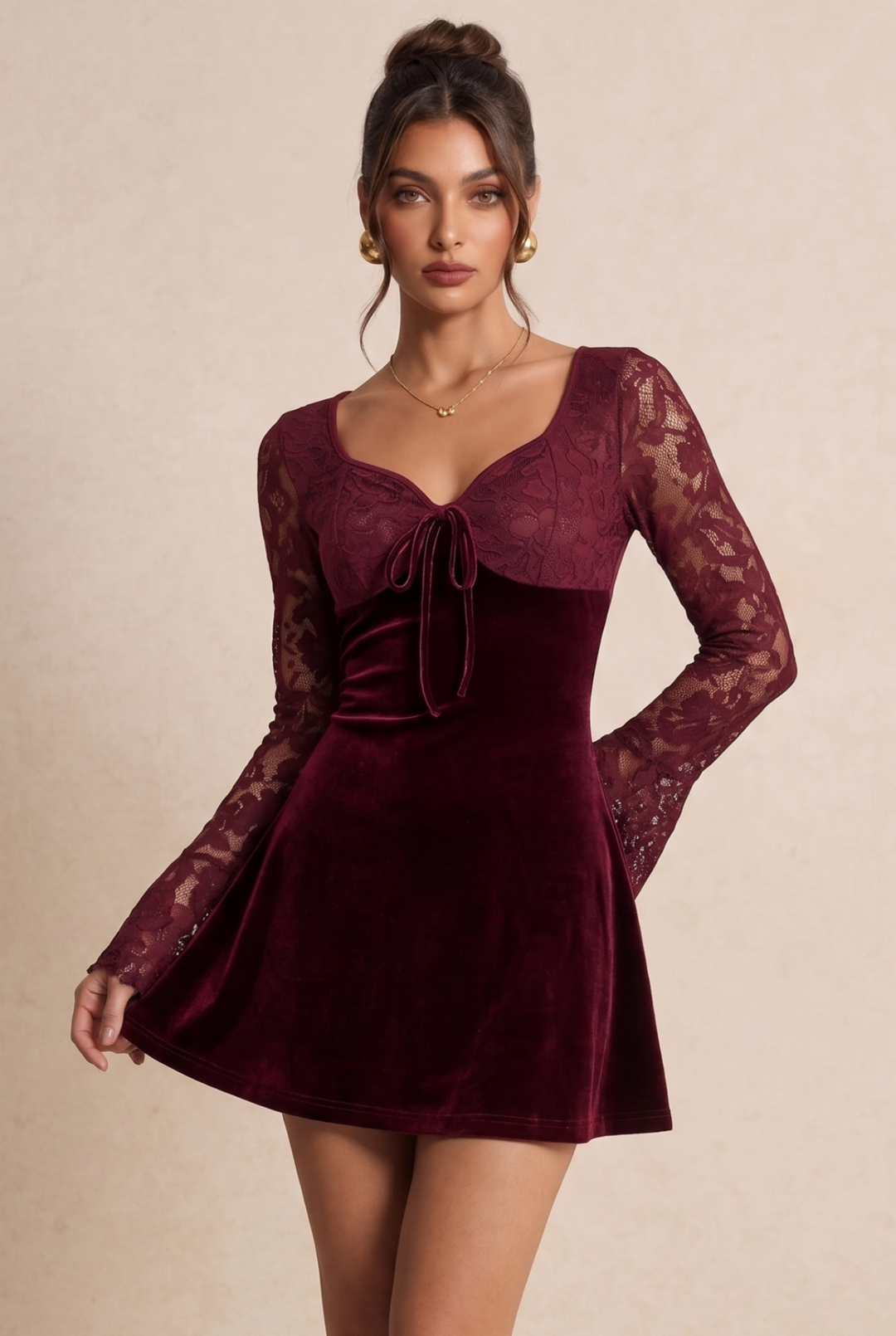Sweetheart Tie Front Lace Sleeve A-Line Velvet Dress