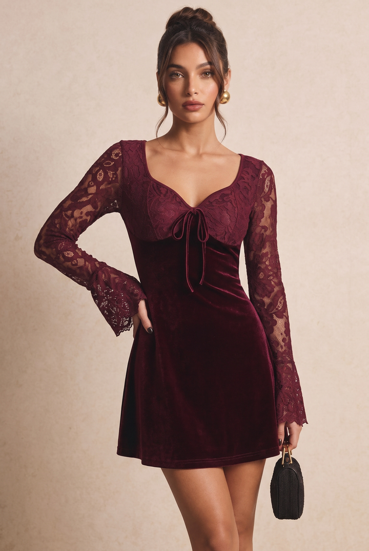 Sweetheart Tie Front Lace Sleeve A-Line Velvet Dress